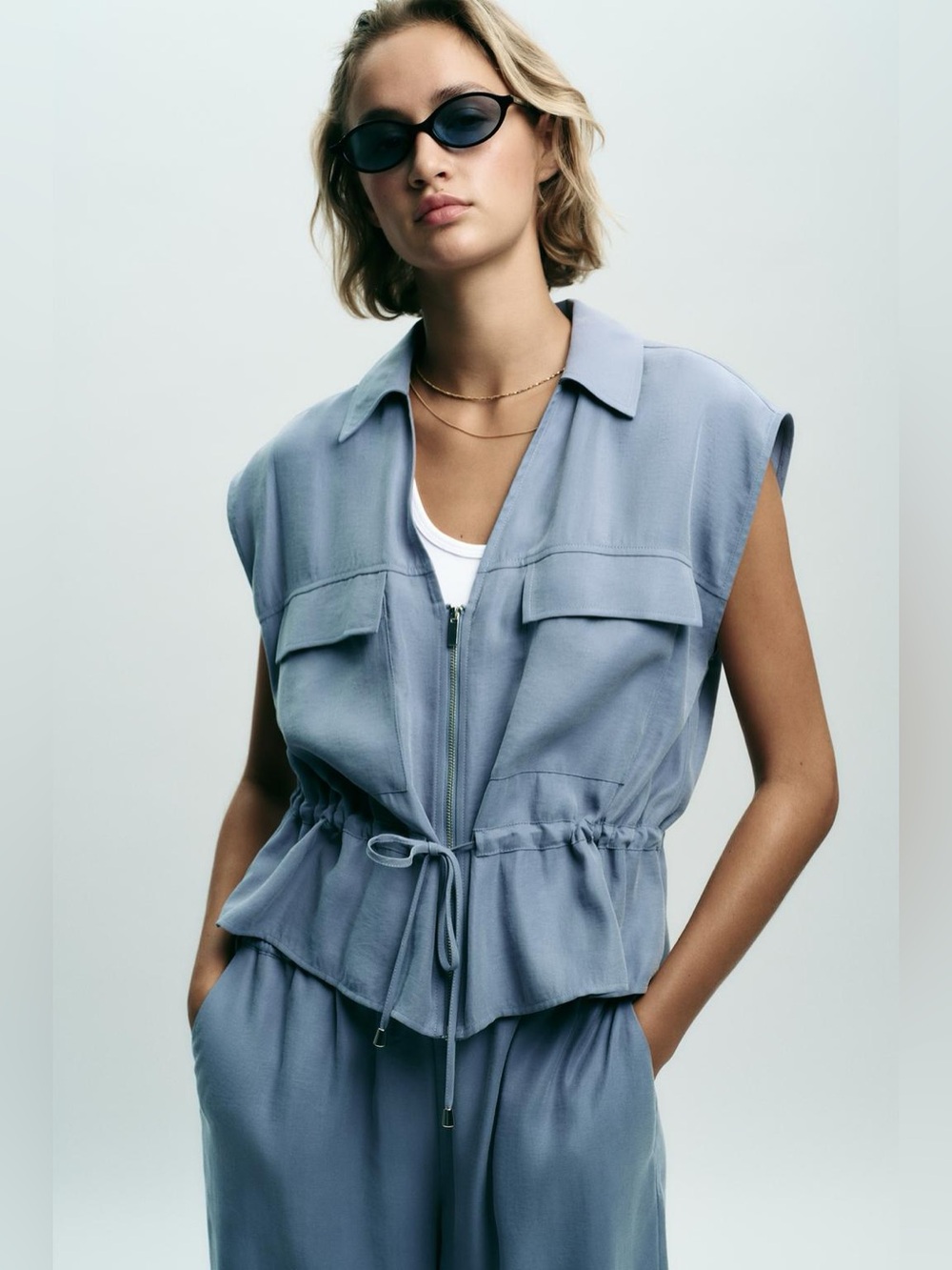 ZARA Sleeveless Drawstring Soft Zip-Front Safari Vest, Loose Fit. S NWT